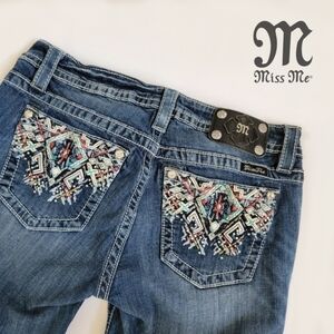 Miss Me Mid Rise Coral Aqua Aztec Embellished Embroidered Bling Skinny Jeans 27